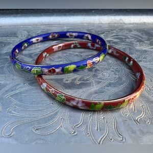 Vintage Cloisonne Floral Enamel Bangle Set-Red and Blue